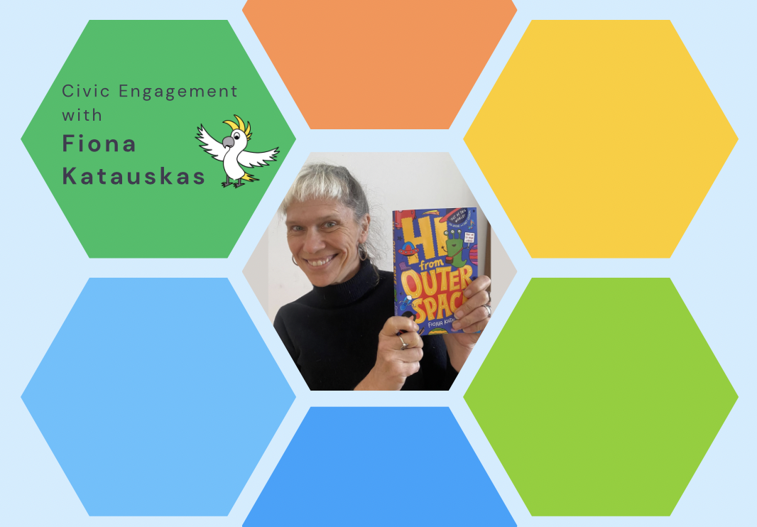 Blue image with multiple coloured shapes, a woman holding a book and the words 'civic engagement with Fiona Katauskas'.