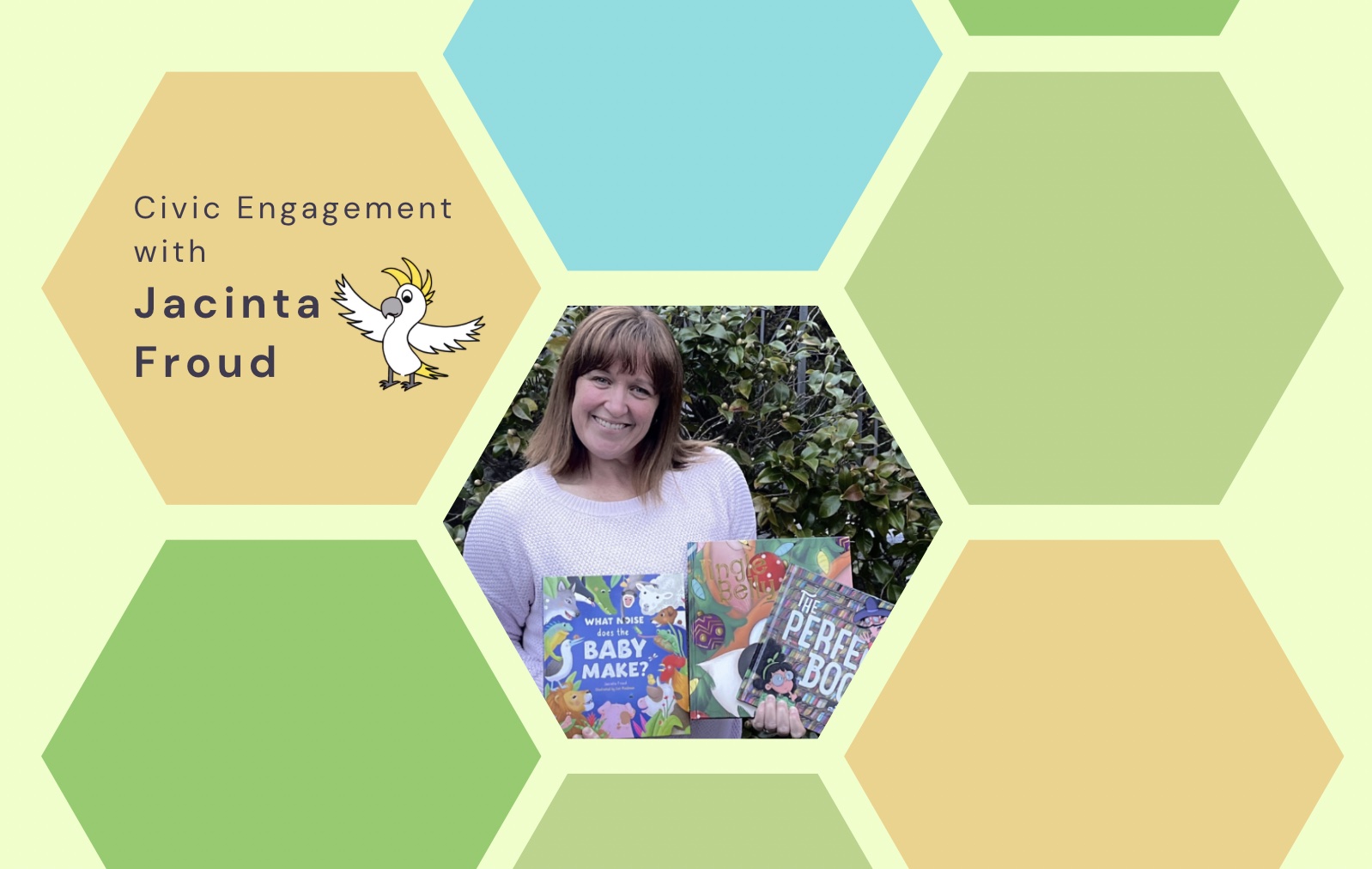 Light green image with coloured shapes and a woman holding picture books.