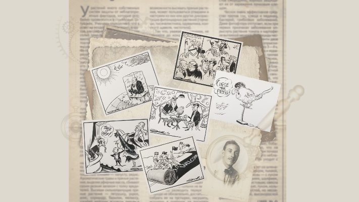 On a newspaper background there are various political cartoons in black and white. On a newspaper background there are various political cartoons in black and white.