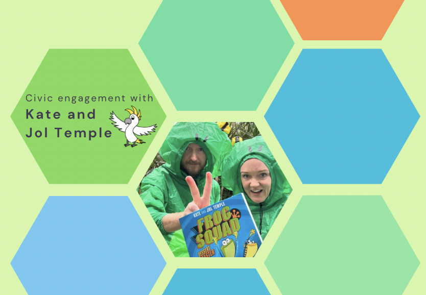 A green background with coloured tiles and the words 'Civic engagement with Kate and Jol Temple'. There is a photo of Kate and Jol Temple in green frog costumes in the centre tile. A green background with coloured tiles and the words 'Civic engagement with Kate and Jol Temple'. There is a photo of Kate and Jol Temple in green frog costumes in the centre tile.