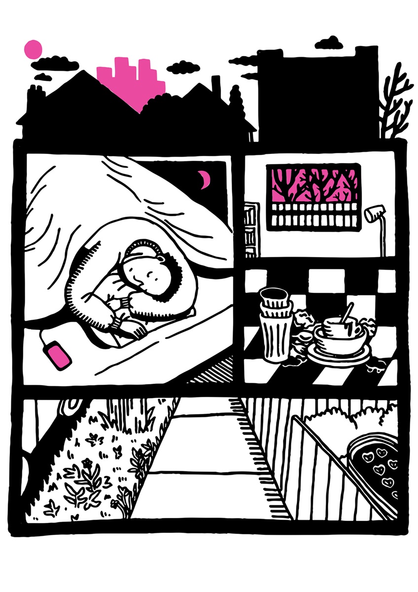 Multiple black and white panels. Man sleeping, dirty dishes and a footpath. Above is the skyline of a city. Multiple black and white panels. Man sleeping, dirty dishes and a footpath. Above is the skyline of a city.