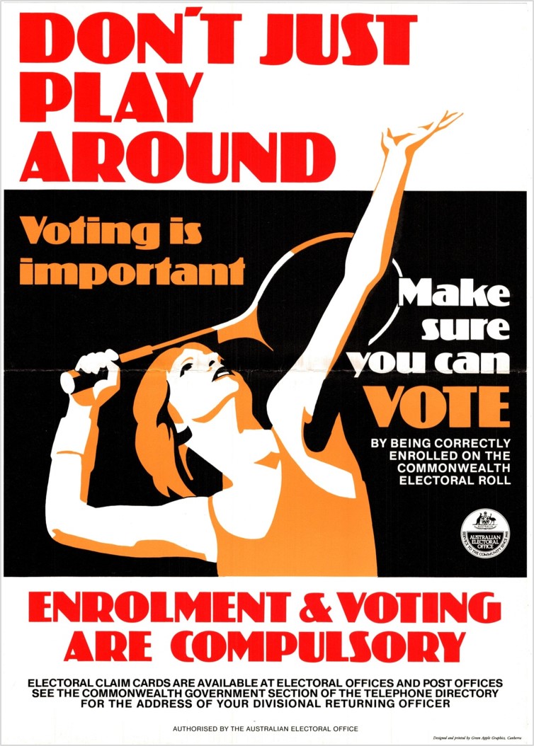A red, black and orange enrol to vote poster with a woman holding a tennis racquet. Text reads 'Don't just play around. Enrolment and voting are compulsory.' A red, black and orange enrol to vote poster with a woman holding a tennis racquet. Text reads 'Don't just play around. Enrolment and voting are compulsory.'