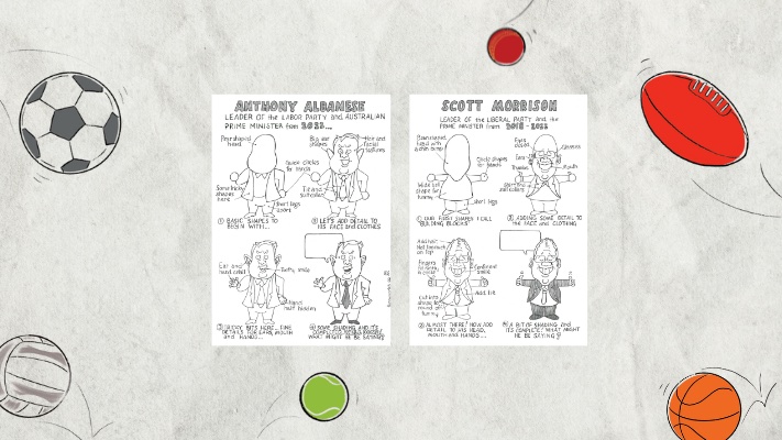 Sports balls surround two cartoon squares featuring Anthony Albanese and Scott Morrison. Sports balls surround two cartoon squares featuring Anthony Albanese and Scott Morrison.