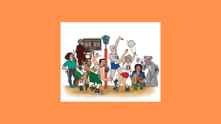 Orange background with a white rectangle in the middle where politicians in sports clothes play netball. The scoreboard reads zero all. Orange background with a white rectangle in the middle where politicians in sports clothes play netball. The scoreboard reads zero all.