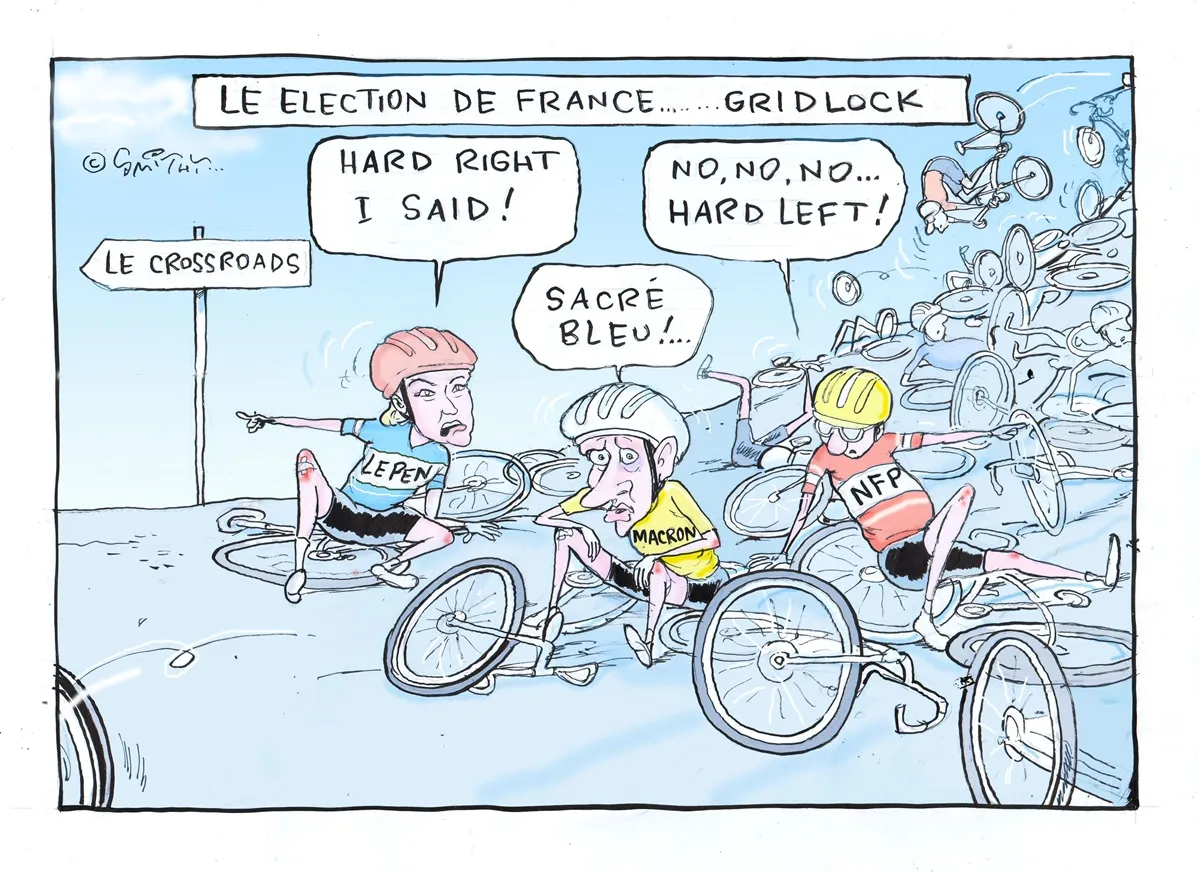 Text reads, 'Le Election de France… Gridlock.' French politicians Marine Le Pen, Emmanuel Macron and a cyclist labelled NFP are in a huge bicycle crash. They argue about whether to go left or right. Text reads, 'Le Election de France… Gridlock.' French politicians Marine Le Pen, Emmanuel Macron and a cyclist labelled NFP are in a huge bicycle crash. They argue about whether to go left or right.